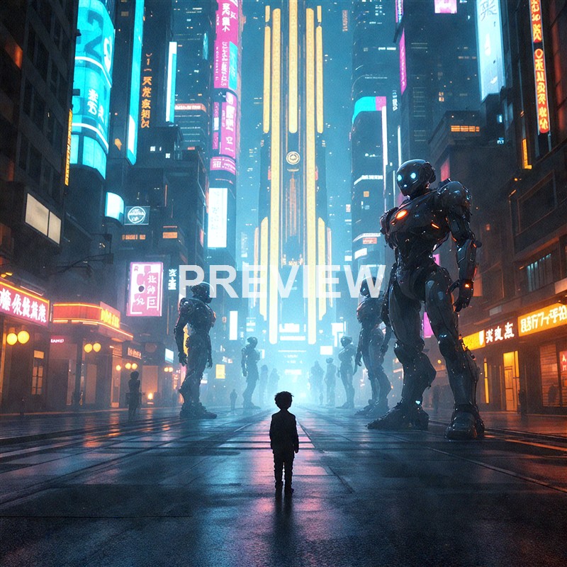 A young child standing alone in a futuristic city street illuminated by vibrant neon signs, facing towering robots that are significantly larger than him.
